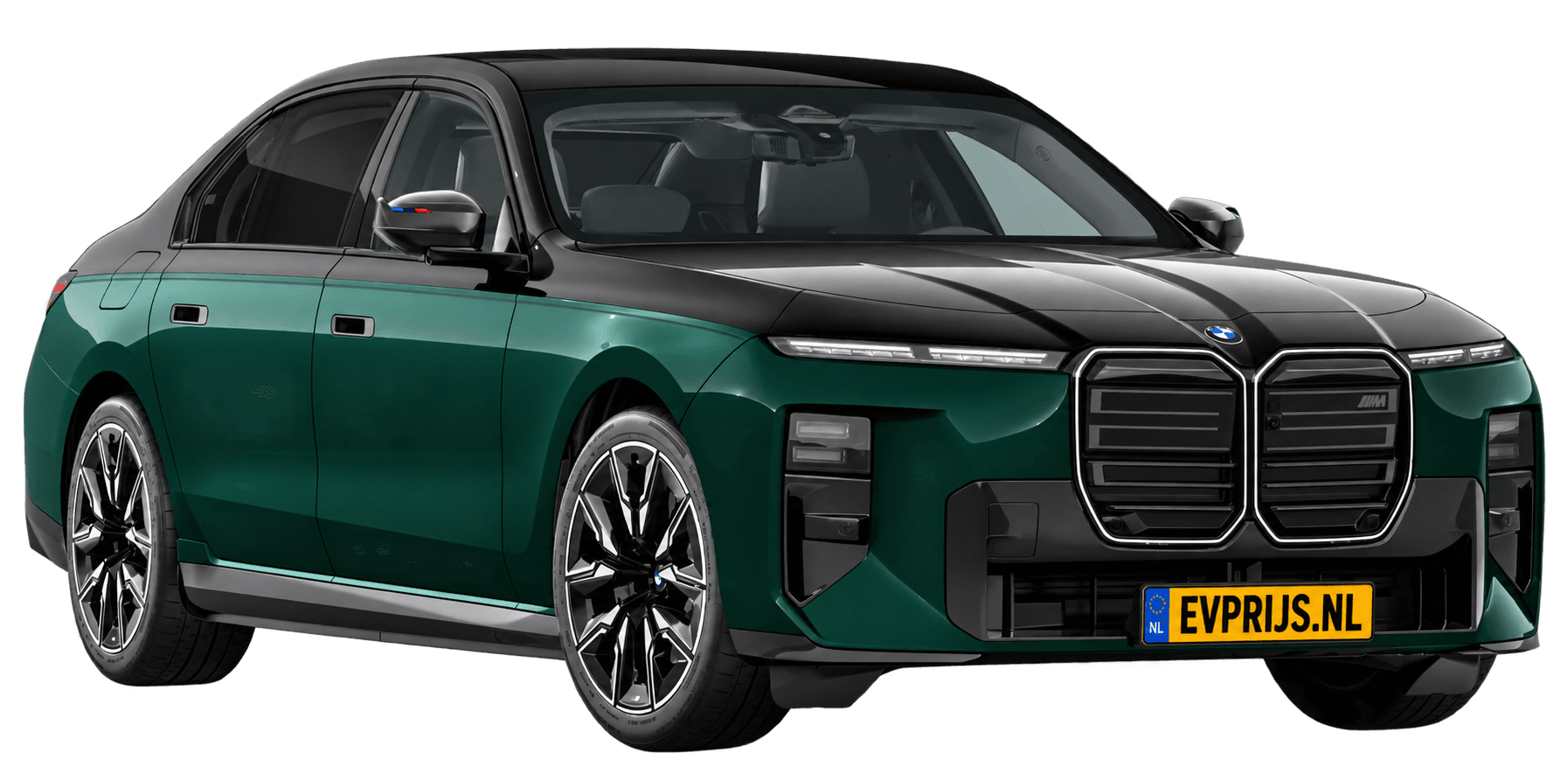 AI-bewerking (Imagegen) van officieel BMW Nederland-configuratorbeeld: i7 M70 xDrive voor-/zijaanzicht in BMW Individual Two Tone Vancouver Green metallic met Saphirschwarz metallic (configuratie BMW i7 M70 xDrive Sedan BMW M model(len)); velgen en details kunnen per uitvoering afwijken, beeld 17