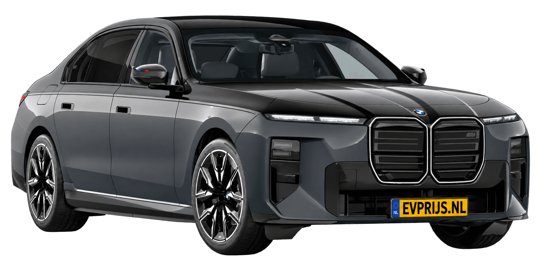 AI-bewerking (Imagegen) van officieel BMW Nederland-configuratorbeeld: i7 M70 xDrive voor-/zijaanzicht in BMW Individual Two Tone Dravit Grau metallic met Saphirschwarz metallic (configuratie BMW i7 M70 xDrive Sedan BMW M model(len)); velgen en details kunnen per uitvoering afwijken, beeld 18
