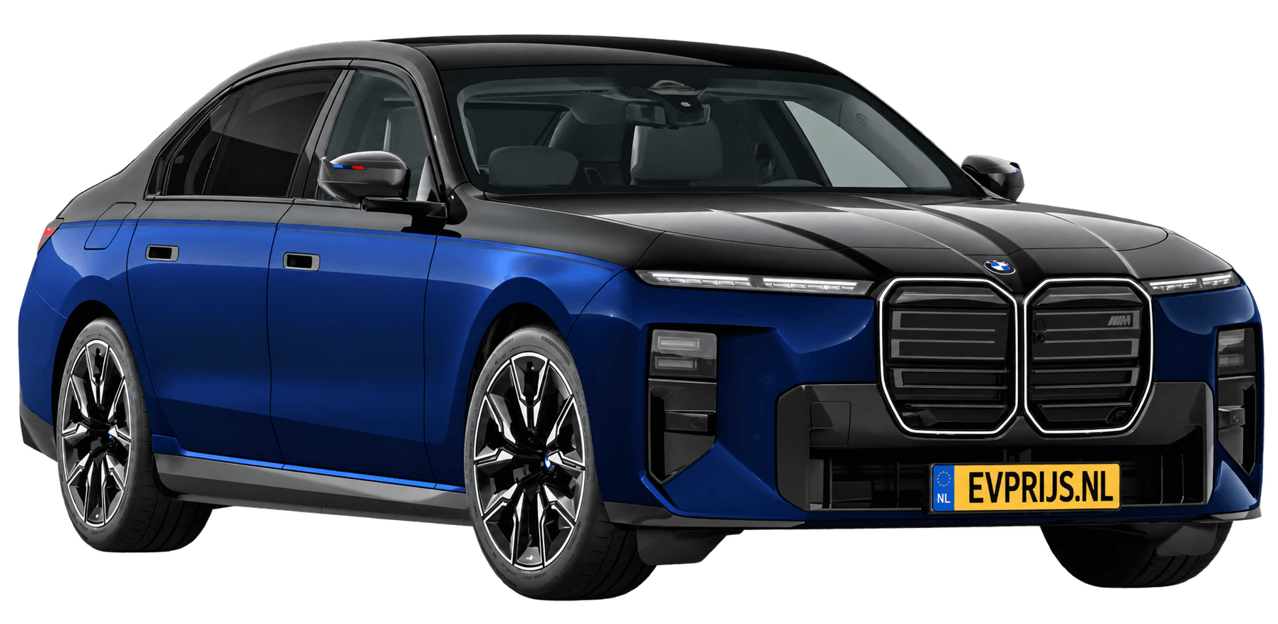 AI-bewerking (Imagegen) van officieel BMW Nederland-configuratorbeeld: i7 M70 xDrive voor-/zijaanzicht in BMW Individual Two Tone Tansanitblau metallic met Saphirschwarz metallic (configuratie BMW i7 M70 xDrive Sedan BMW M model(len)); kleurverzadiging kan afwijken; velgen en details kunnen per uitvoering afwijken, beeld 19