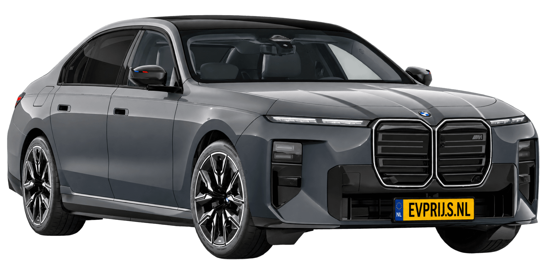 AI-bewerking (Imagegen) van officieel BMW Nederland-configuratorbeeld: i7 M70 xDrive voor-/zijaanzicht in BMW Individual Two Tone Dravit Grau met Oxid Grau metallic (configuratie BMW i7 M70 xDrive Sedan BMW M model(len)); velgen en details kunnen per uitvoering afwijken, beeld 20