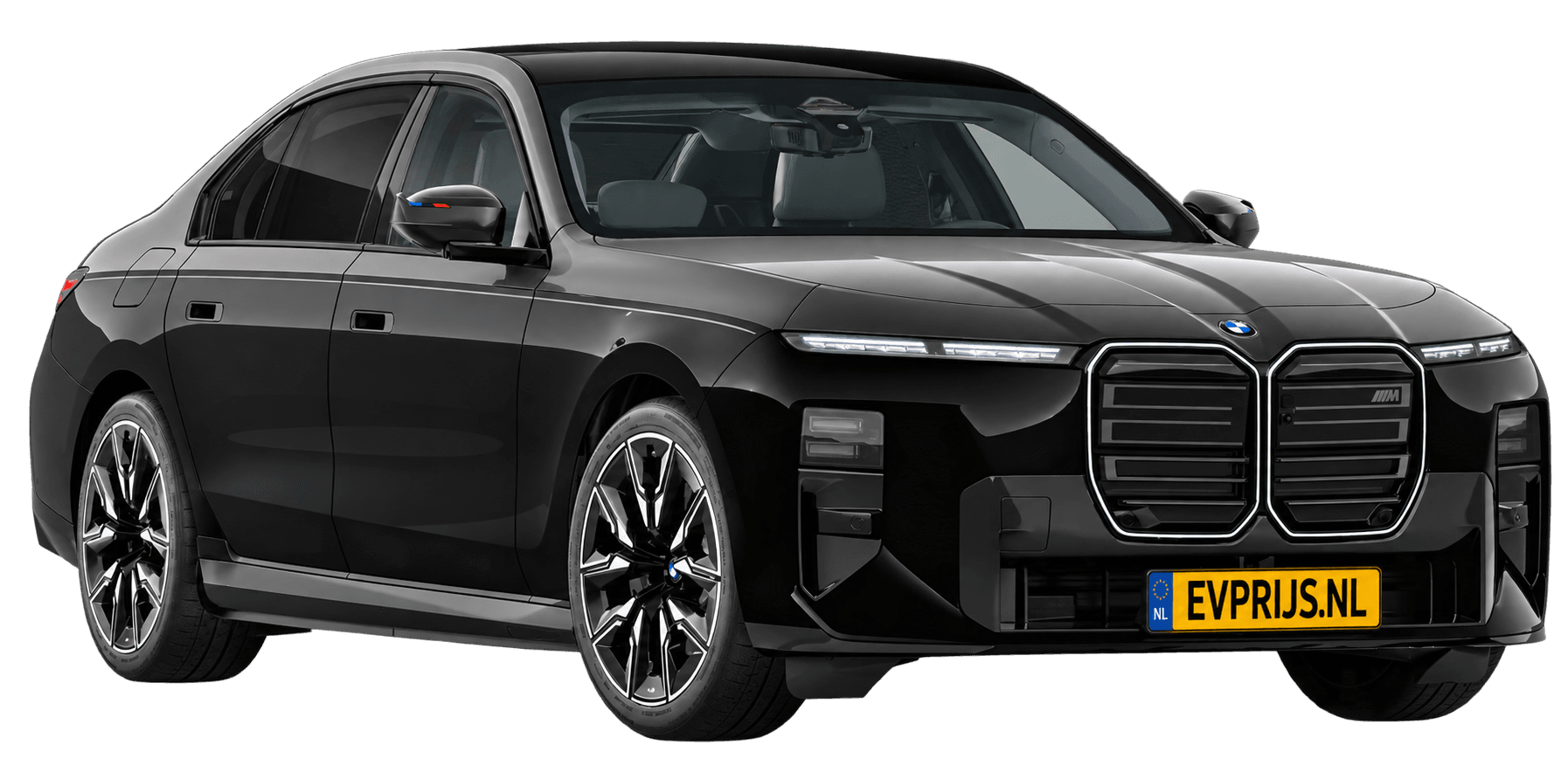AI-bewerking (Imagegen) van officieel BMW Nederland-configuratorbeeld: i7 M70 xDrive voor-/zijaanzicht in BMW Individual Two Tone Saphirschwarz metallic met Oxid Grau metallic (configuratie BMW i7 M70 xDrive Sedan BMW M model(len)); velgen en details kunnen per uitvoering afwijken, beeld 21