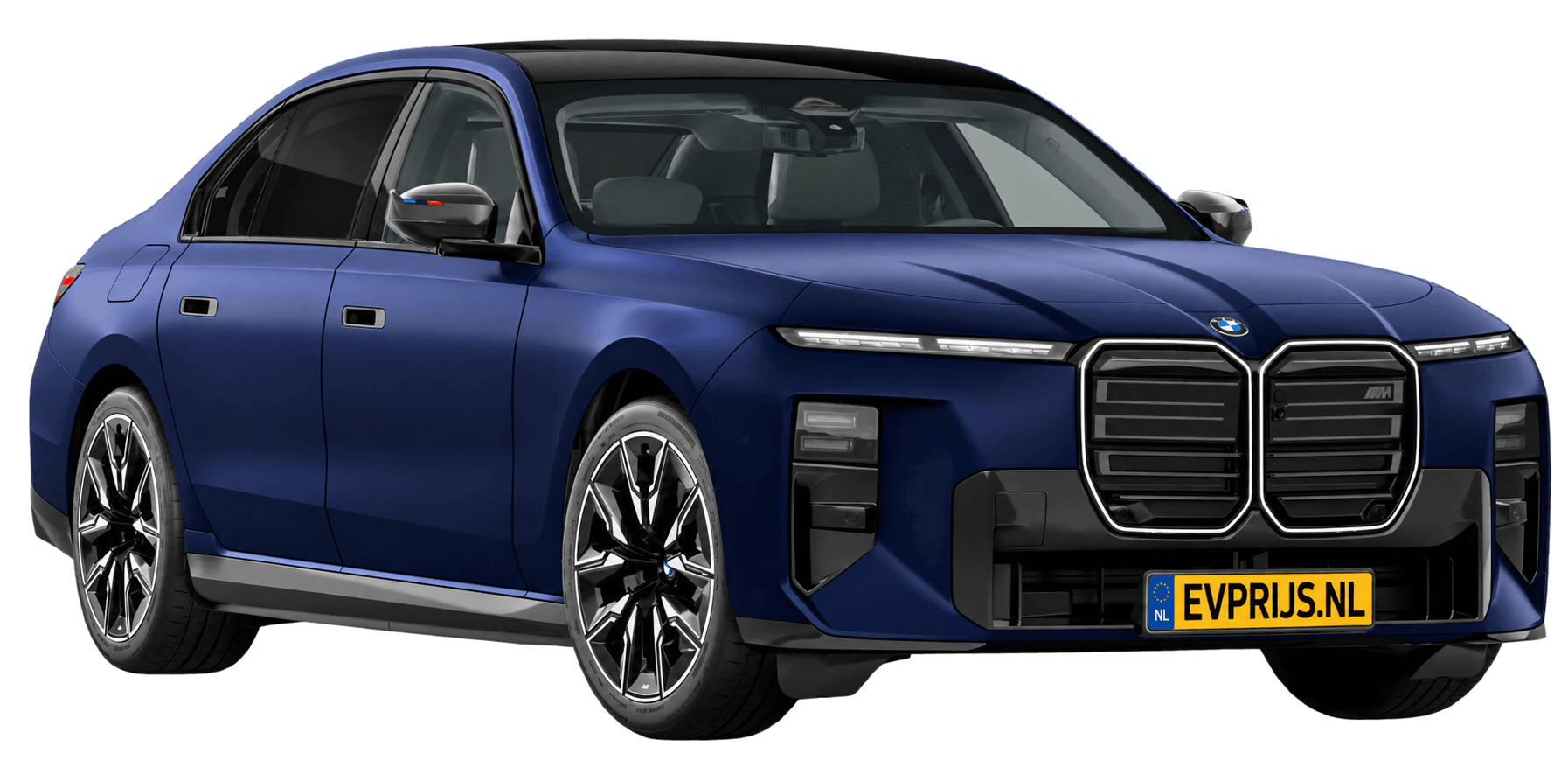 AI-bewerking (Imagegen) van officieel BMW Nederland-configuratorbeeld: i7 M70 xDrive voor-/zijaanzicht in BMW Individual Frozen Tanzanite Blau metallic (configuratie BMW i7 M70 xDrive Sedan BMW M model(len)); kleurverzadiging kan afwijken; velgen en details kunnen per uitvoering afwijken, beeld 14