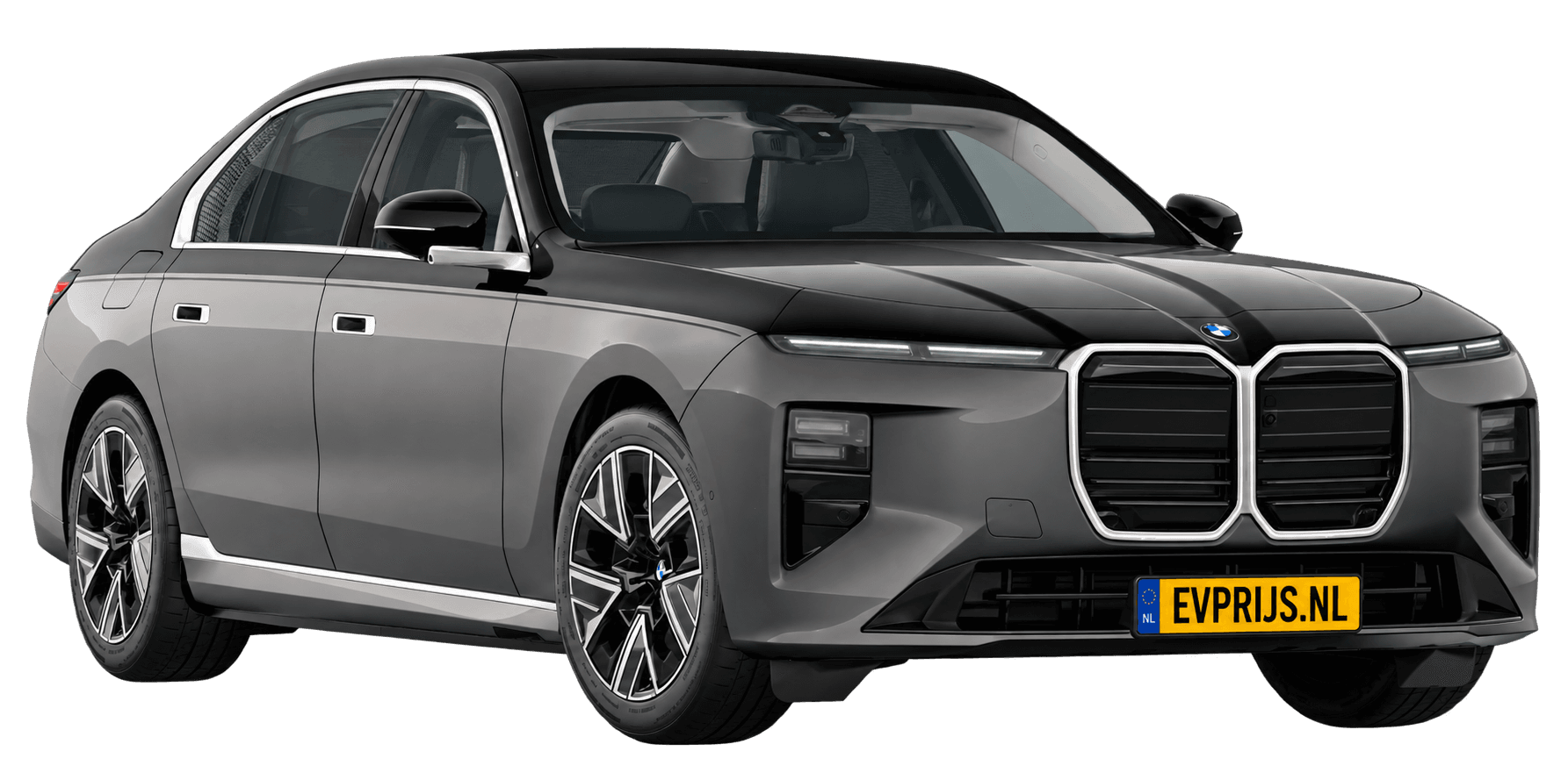 AI-bewerking (Imagegen) van officieel BMW Nederland-configuratorbeeld: i7 voor-/zijaanzicht in BMW Individual Two Tone Oxidgrau metallic met Saphirschwarz metallic (configuratie BMW i7 50 xDrive Sedan Standaarduitvoering); velgen en details kunnen per uitvoering afwijken, beeld 14