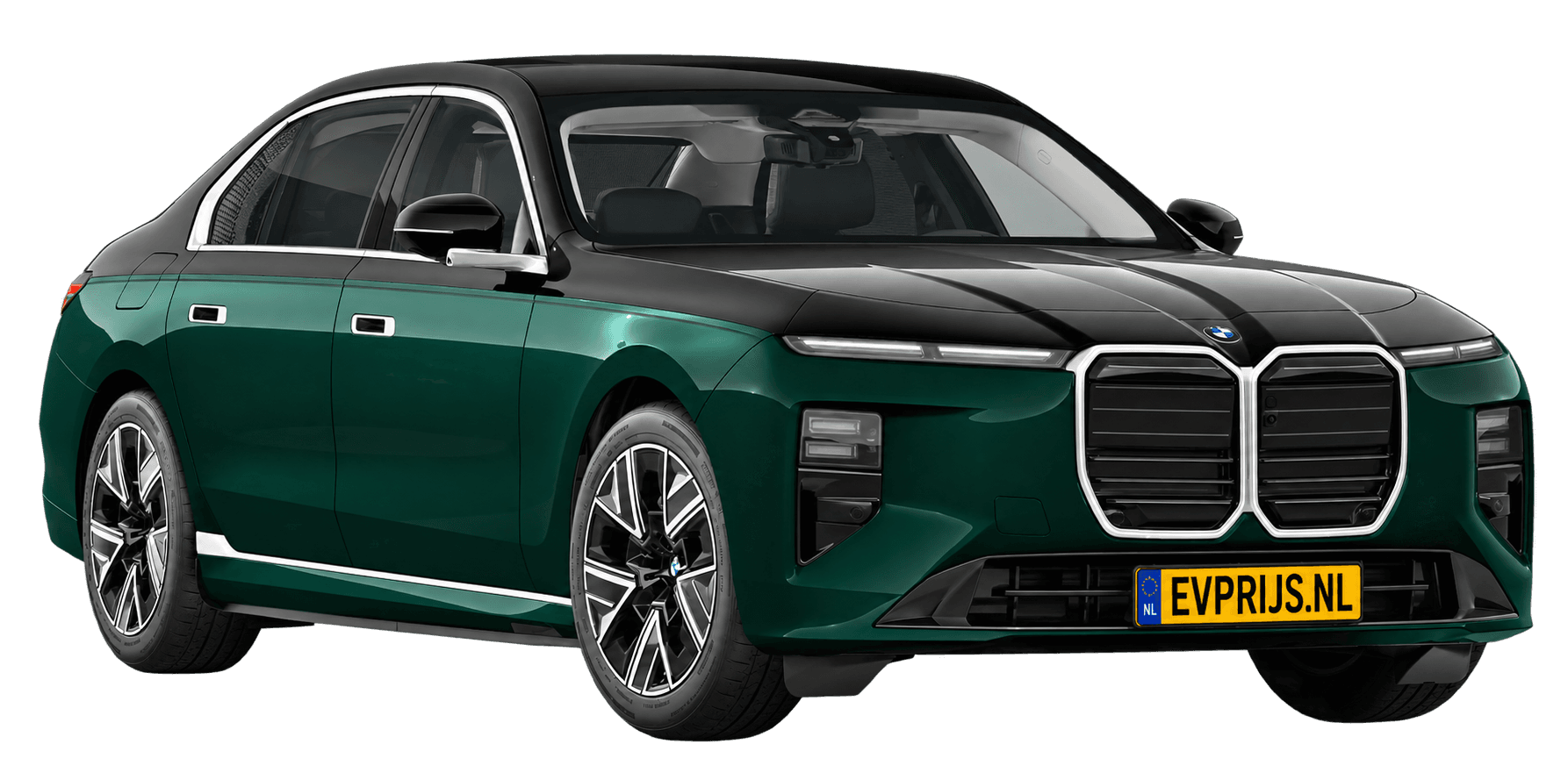 AI-bewerking (Imagegen) van officieel BMW Nederland-configuratorbeeld: i7 voor-/zijaanzicht in BMW Individual Two Tone Vancouver Green metallic met Saphirschwarz metallic (configuratie BMW i7 50 xDrive Sedan Standaarduitvoering); velgen en details kunnen per uitvoering afwijken, beeld 16