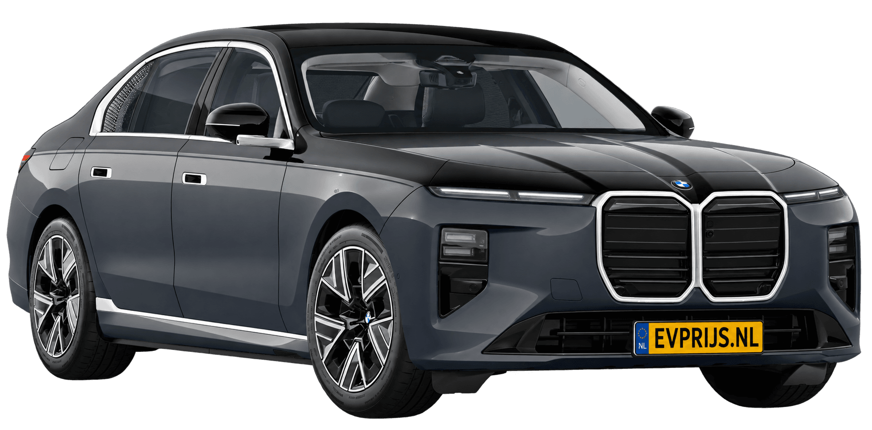 AI-bewerking (Imagegen) van officieel BMW Nederland-configuratorbeeld: i7 voor-/zijaanzicht in BMW Individual Two Tone Dravit Grau metallic met Saphirschwarz metallic (configuratie BMW i7 50 xDrive Sedan Standaarduitvoering); velgen en details kunnen per uitvoering afwijken, beeld 17