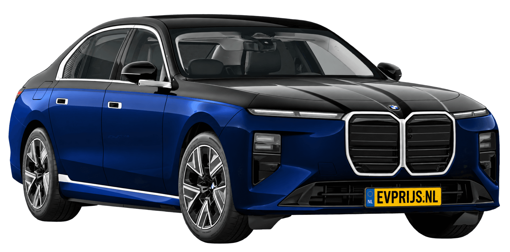 AI-bewerking (Imagegen) van officieel BMW Nederland-configuratorbeeld: i7 voor-/zijaanzicht in BMW Individual Two Tone Tansanitblau metallic met Saphirschwarz metallic (configuratie BMW i7 50 xDrive Sedan Standaarduitvoering); kleurverzadiging kan afwijken; velgen en details kunnen per uitvoering afwijken, beeld 18