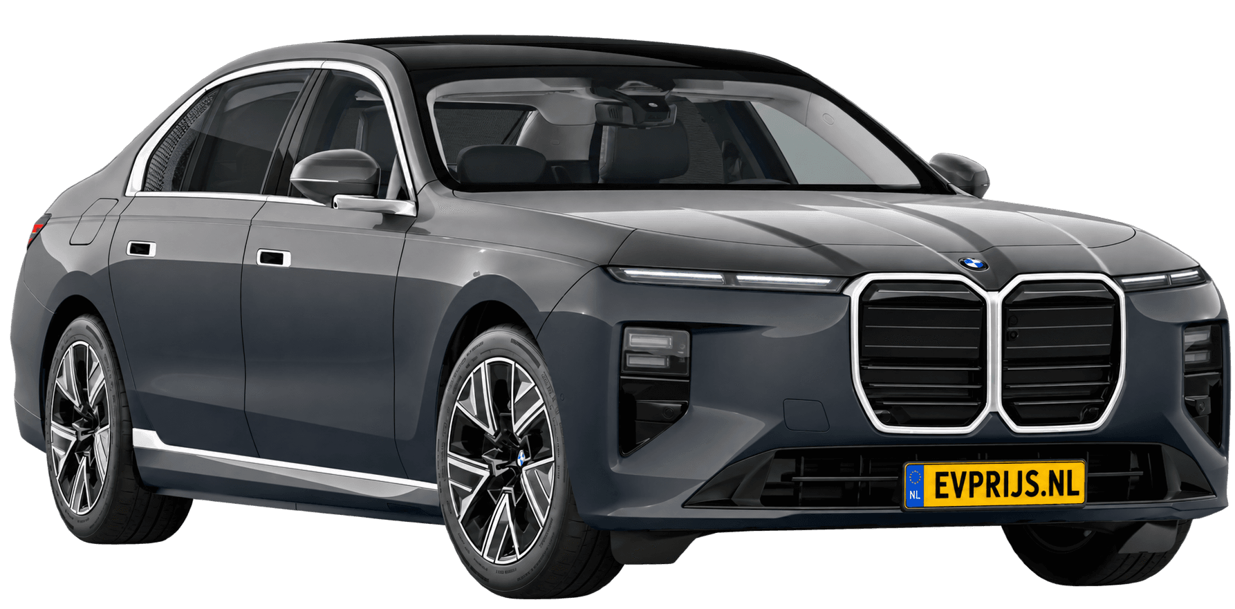 AI-bewerking (Imagegen) van officieel BMW Nederland-configuratorbeeld: i7 voor-/zijaanzicht in BMW Individual Two Tone Dravit Grau met Oxid Grau metallic (configuratie BMW i7 50 xDrive Sedan Standaarduitvoering); velgen en details kunnen per uitvoering afwijken, beeld 19
