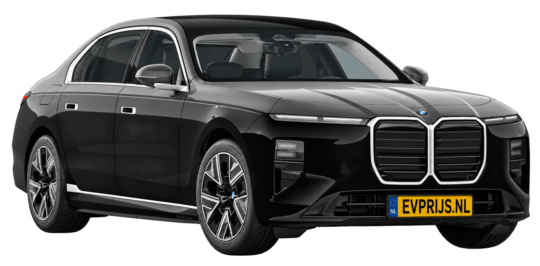 AI-bewerking (Imagegen) van officieel BMW Nederland-configuratorbeeld: i7 voor-/zijaanzicht in BMW Individual Two Tone Saphirschwarz metallic met Oxid Grau metallic (configuratie BMW i7 50 xDrive Sedan Standaarduitvoering); velgen en details kunnen per uitvoering afwijken, beeld 20