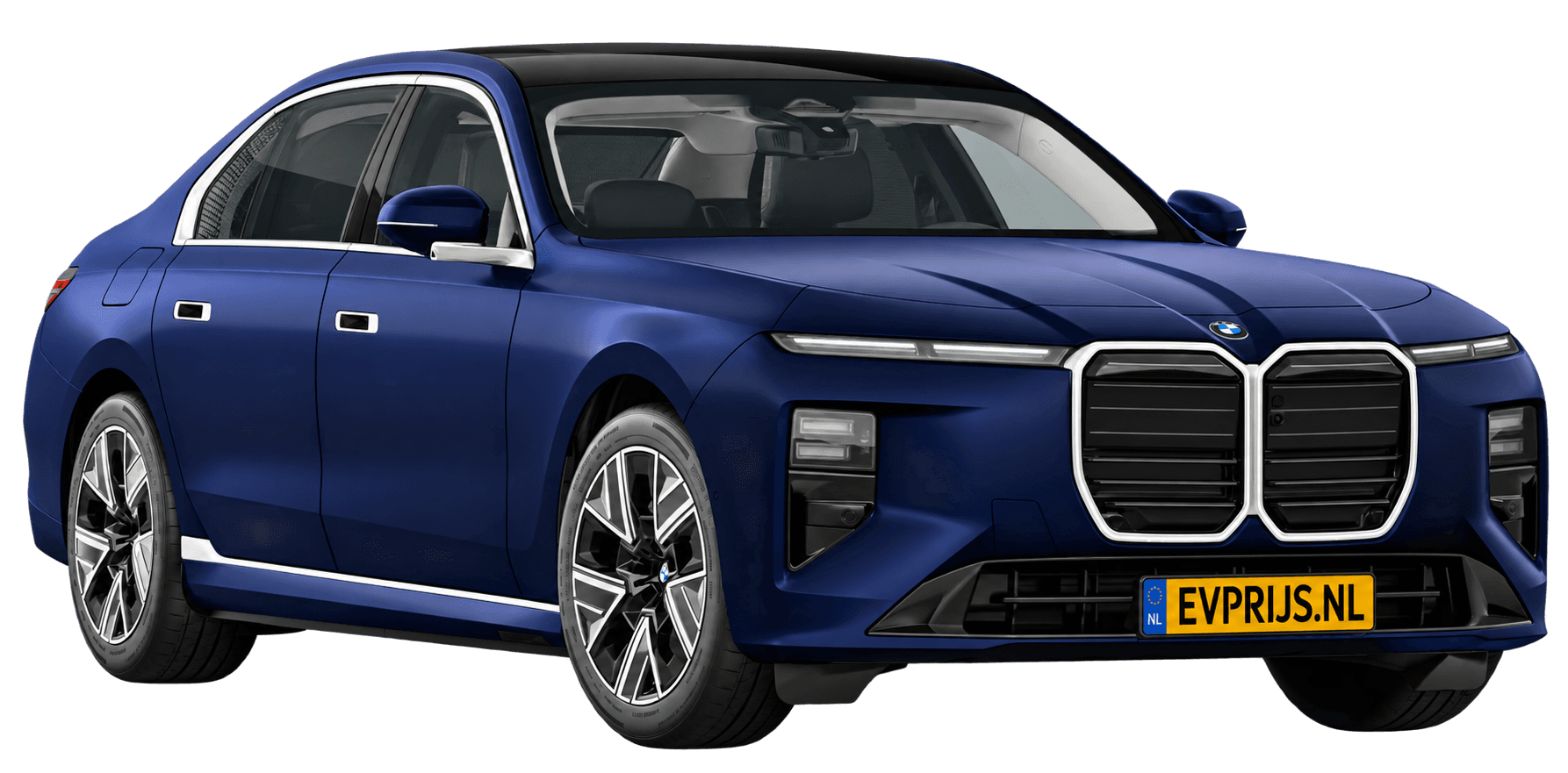 AI-bewerking (Imagegen) van officieel BMW Nederland-configuratorbeeld: i7 voor-/zijaanzicht in BMW Individual Frozen Tanzanite Blau metallic (configuratie BMW i7 50 xDrive Sedan Standaarduitvoering); kleurverzadiging kan afwijken; velgen en details kunnen per uitvoering afwijken, beeld 13