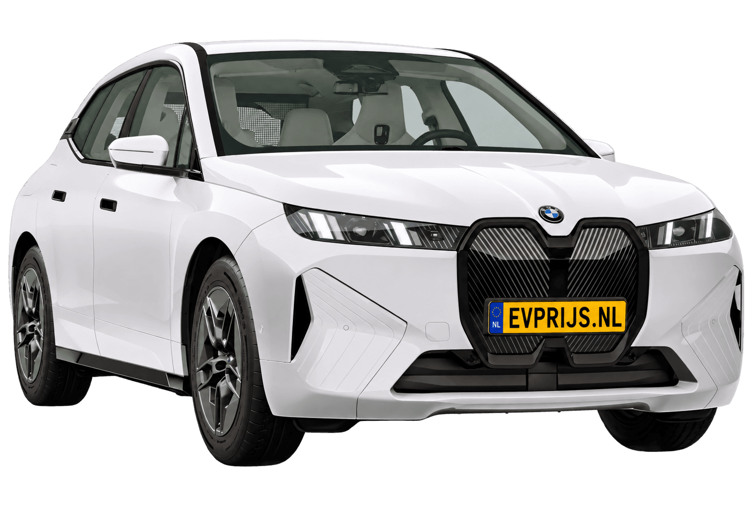 AI-bewerking (Imagegen) van officieel BMW Nederland-configuratorbeeld: iX voor-/zijaanzicht in Alpinweiss (configuratie BMW iX xDrive45 Standaarduitvoering); velgen en details kunnen per uitvoering afwijken, beeld 3