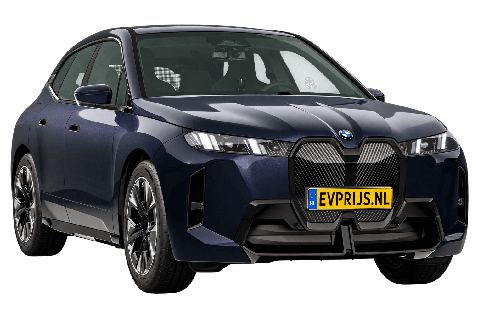 AI-bewerking (Imagegen) van officieel BMW Nederland-configuratorbeeld: iX voor-/zijaanzicht in M Carbonschwarz metallic (configuratie BMW iX xDrive45 Standaarduitvoering, door de configurator aangepast voor deze lak); velgen en details kunnen per uitvoering afwijken, beeld 6