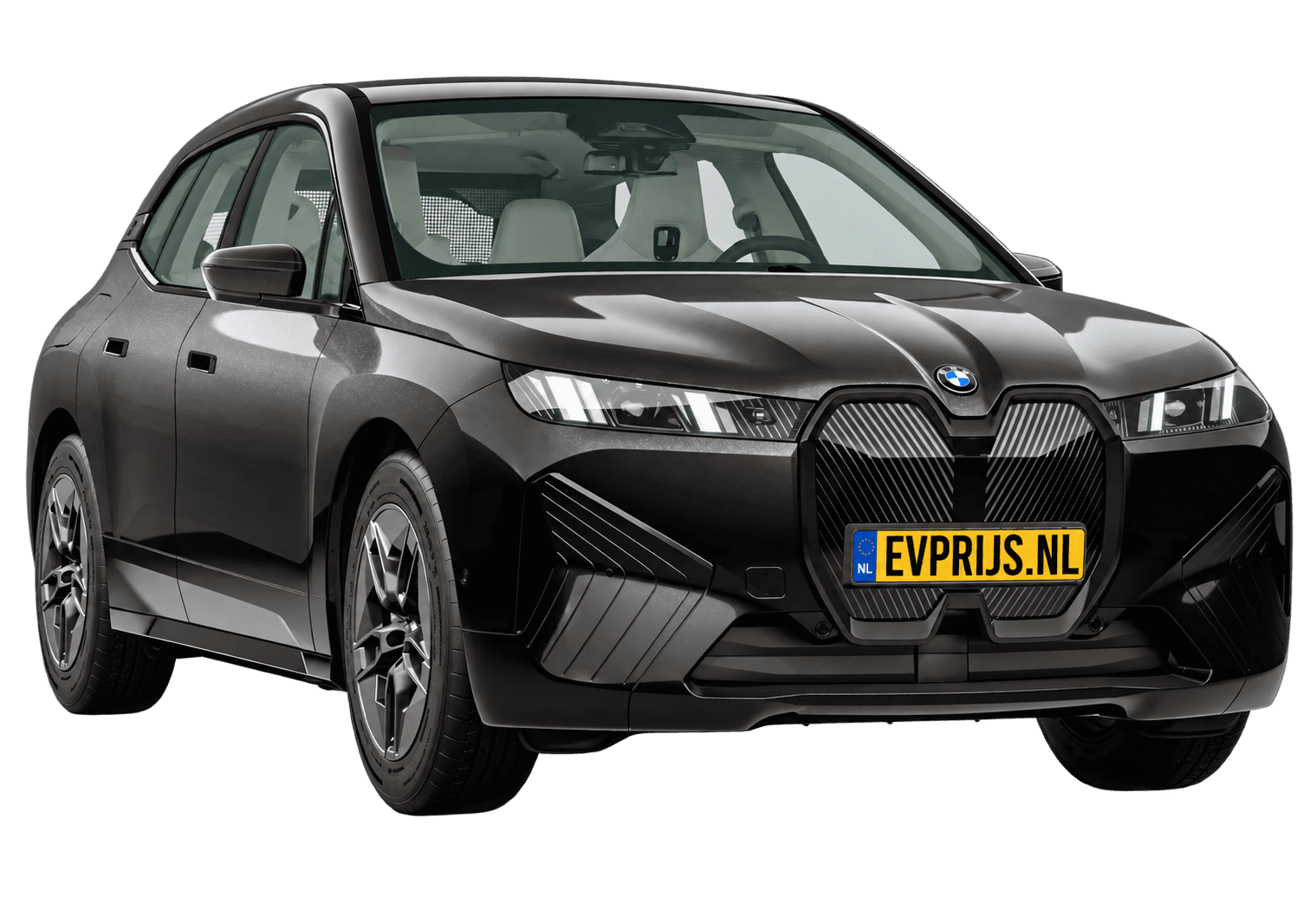 AI-bewerking (Imagegen) van officieel BMW Nederland-configuratorbeeld: iX voor-/zijaanzicht in Saphirschwarz metallic (configuratie BMW iX xDrive45 Standaarduitvoering); velgen en details kunnen per uitvoering afwijken, beeld 4