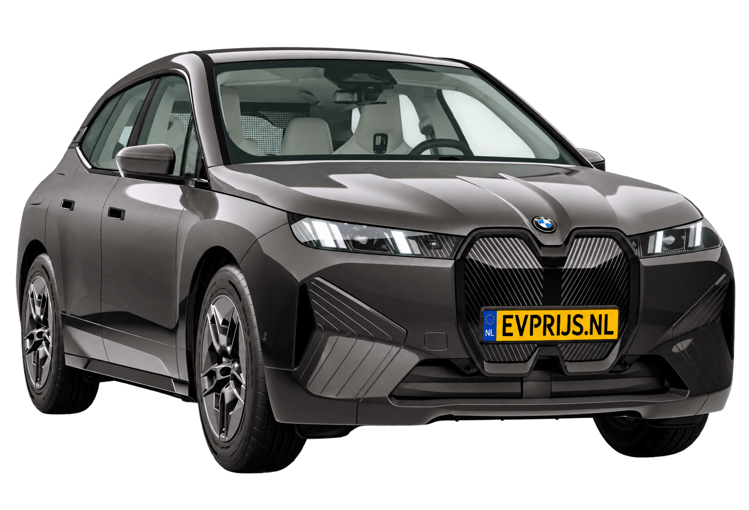 AI-bewerking (Imagegen) van officieel BMW Nederland-configuratorbeeld: iX voor-/zijaanzicht in Sophistograu Brillianteffect metallic (configuratie BMW iX xDrive45 Standaarduitvoering); uitvoering en velgen kunnen afwijken, beeld 14