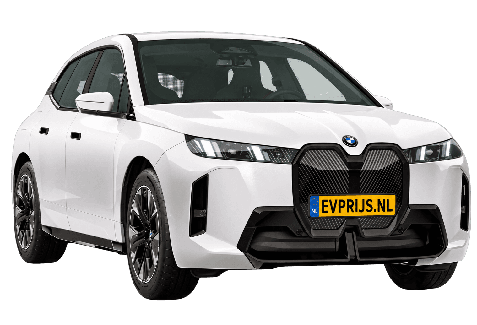 AI-bewerking (Imagegen) van officieel BMW Nederland-configuratorbeeld: iX voor-/zijaanzicht in Mineralweiss metallic (configuratie BMW iX xDrive45 Standaarduitvoering); velgen en details kunnen per uitvoering afwijken, beeld 7