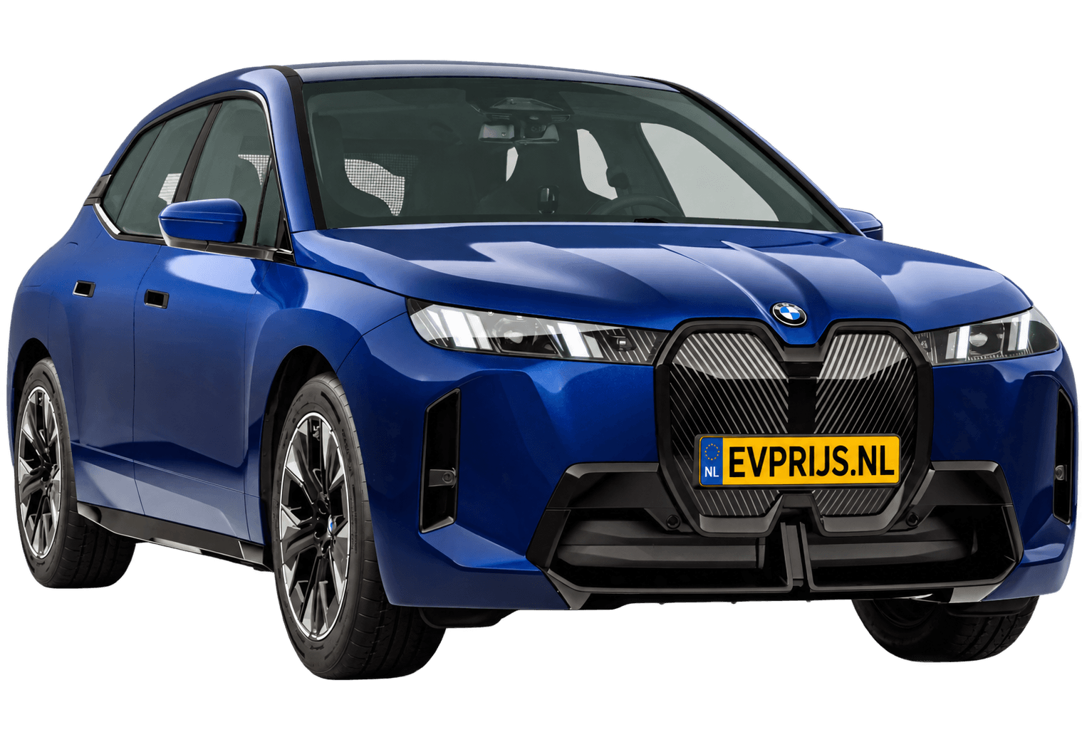 AI-bewerking (Imagegen) van officieel BMW Nederland-configuratorbeeld: iX voor-/zijaanzicht in BMW Individual Tansanit metallic (configuratie BMW iX xDrive45 Standaarduitvoering); kleurverzadiging kan afwijken; velgen en details kunnen per uitvoering afwijken, beeld 12