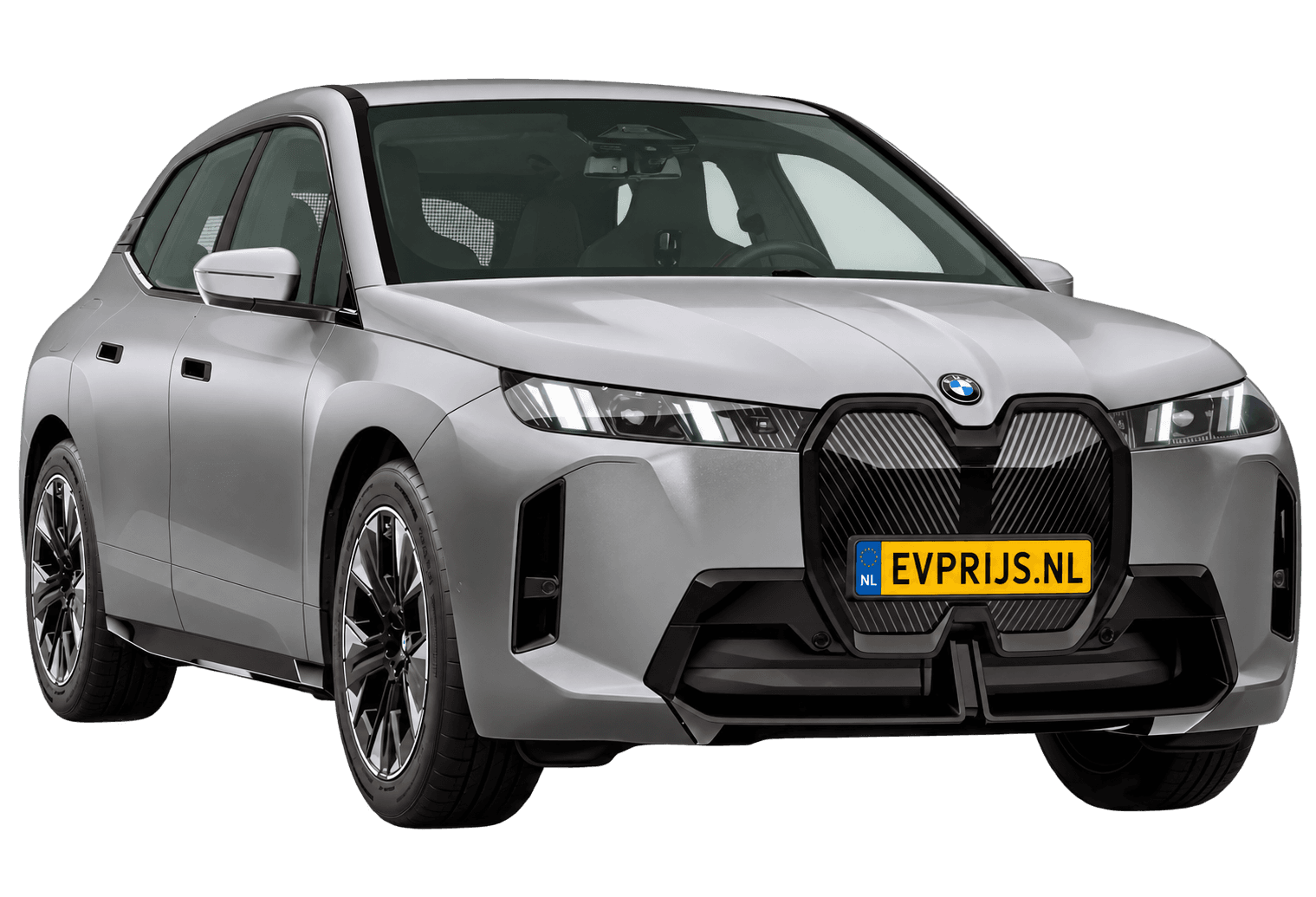 AI-bewerking (Imagegen) van officieel BMW Nederland-configuratorbeeld: iX voor-/zijaanzicht in BMW Individual Frozen Pure Grey metallic (configuratie BMW iX xDrive45 Standaarduitvoering); kleurverzadiging kan afwijken; velgen en details kunnen per uitvoering afwijken, beeld 14