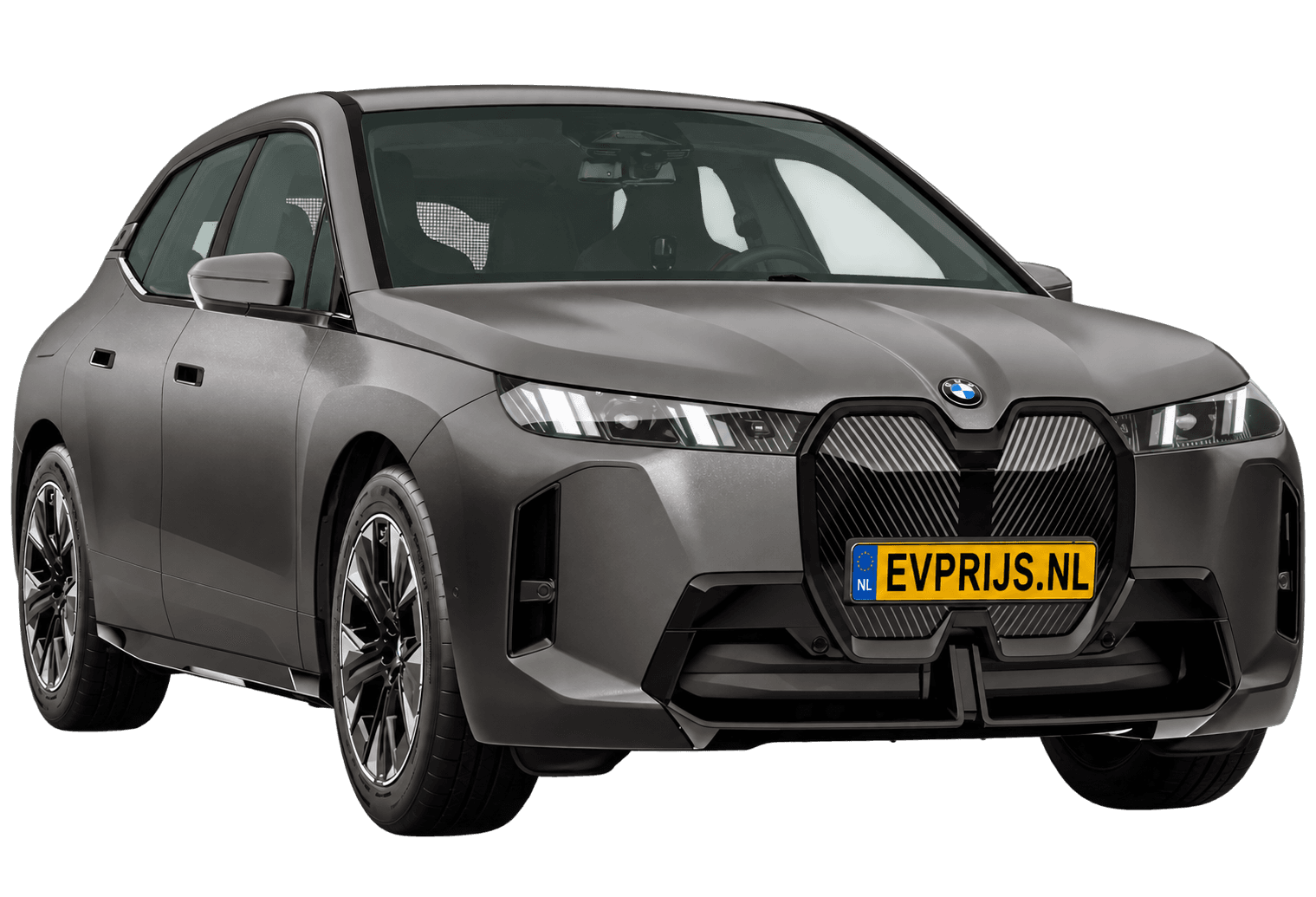 AI-bewerking (Imagegen) van officieel BMW Nederland-configuratorbeeld: iX voor-/zijaanzicht in BMW Individual Frozen Deep Grey metallic (configuratie BMW iX xDrive45 Standaarduitvoering); velgen en details kunnen per uitvoering afwijken, beeld 13