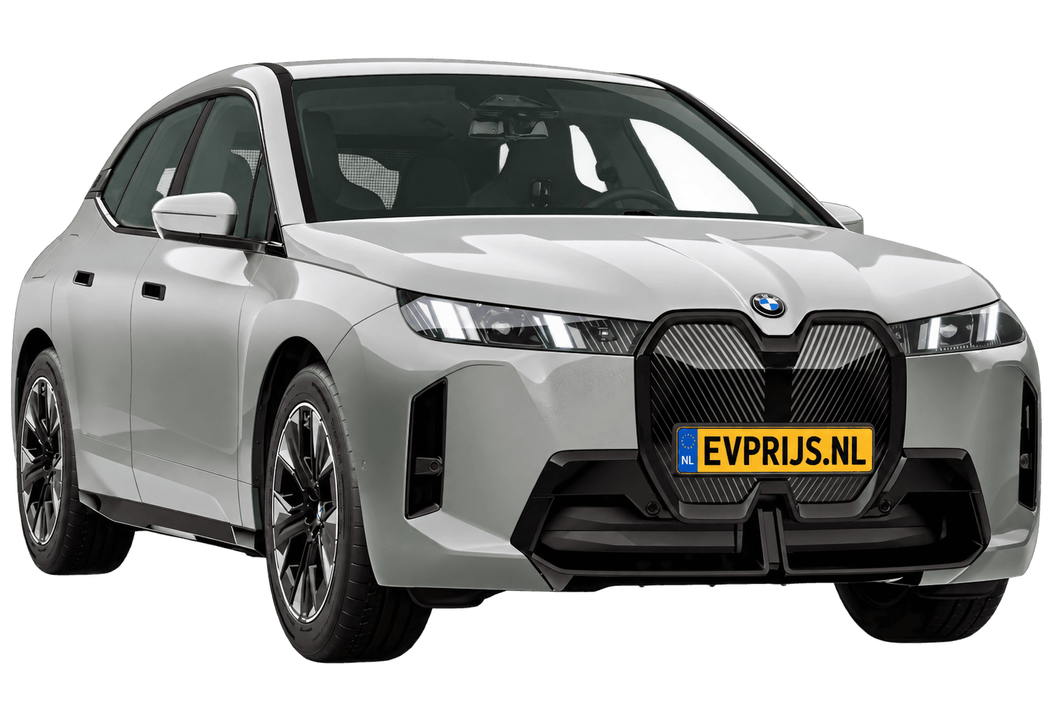 AI-bewerking (Imagegen) van officieel BMW Nederland-configuratorbeeld: iX voor-/zijaanzicht in Spacesilber metallic (configuratie BMW iX xDrive45 Standaarduitvoering); kleurverzadiging kan afwijken; velgen en details kunnen per uitvoering afwijken, beeld 9
