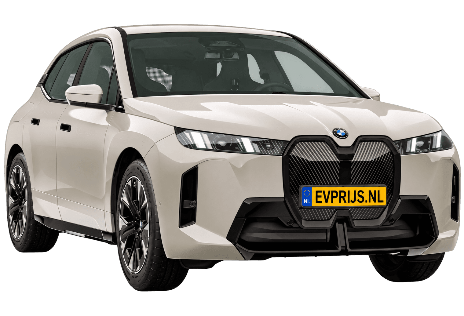 AI-bewerking (Imagegen) van officieel BMW Nederland-configuratorbeeld: iX voor-/zijaanzicht in Dune Grey metallic (configuratie BMW iX xDrive45 Standaarduitvoering); velgen en details kunnen per uitvoering afwijken, beeld 10
