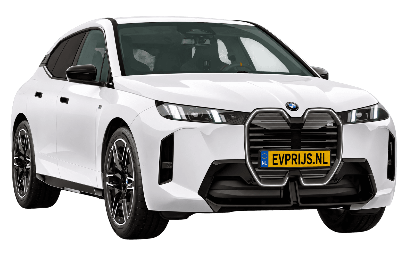 AI-bewerking (Imagegen) van officieel BMW Nederland-configuratorbeeld: iX M70 xDrive voor-/zijaanzicht in Alpinweiss (configuratie BMW iX M70 xDrive BMW M model(len)); velgen en details kunnen per uitvoering afwijken, beeld 3
