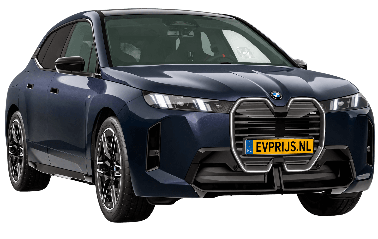 AI-bewerking (Imagegen) van officieel BMW Nederland-configuratorbeeld: iX M70 xDrive voor-/zijaanzicht in M Carbonschwarz metallic (configuratie BMW iX M70 xDrive BMW M model(len)); velgen en details kunnen per uitvoering afwijken, beeld 5