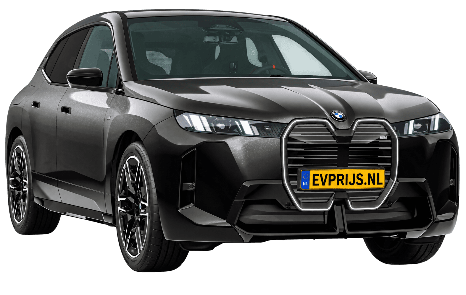 AI-bewerking (Imagegen) van officieel BMW Nederland-configuratorbeeld: iX M70 xDrive voor-/zijaanzicht in Saphirschwarz metallic (configuratie BMW iX M70 xDrive BMW M model(len)); velgen en details kunnen per uitvoering afwijken, beeld 4