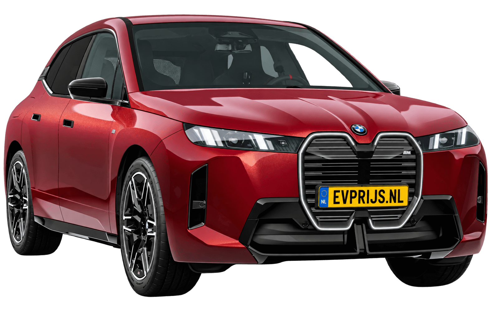 AI-bewerking (Imagegen) van officieel BMW Nederland-configuratorbeeld: iX M70 xDrive voor-/zijaanzicht in Aventurinrot III metallic (configuratie BMW iX M70 xDrive BMW M model(len)); kleurverzadiging kan afwijken; velgen en details kunnen per uitvoering afwijken, beeld 8
