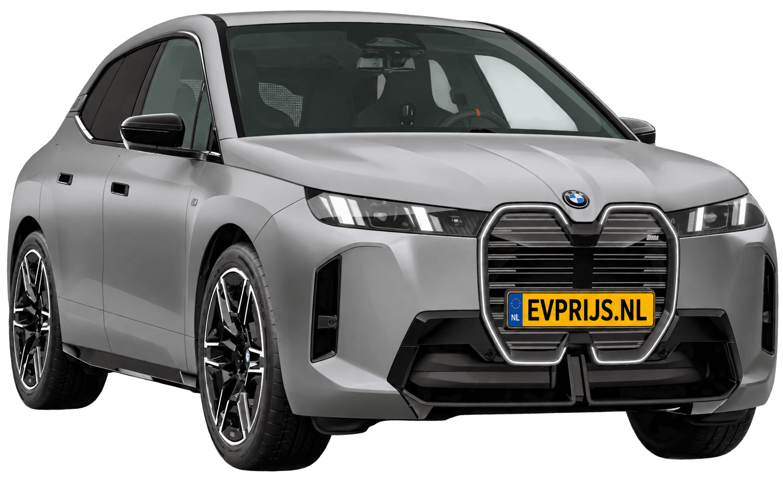 AI-bewerking (Imagegen) van officieel BMW Nederland-configuratorbeeld: iX M70 xDrive voor-/zijaanzicht in BMW Individual Frozen Pure Grey metallic (configuratie BMW iX M70 xDrive BMW M model(len)); velgen en details kunnen per uitvoering afwijken, beeld 13