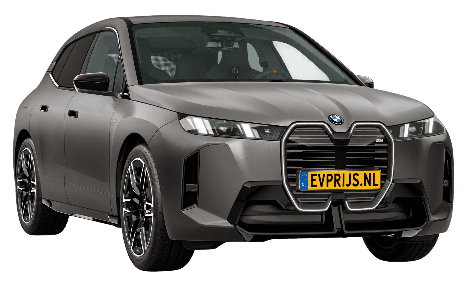AI-bewerking (Imagegen) van officieel BMW Nederland-configuratorbeeld: iX M70 xDrive voor-/zijaanzicht in BMW Individual Frozen Deep Grey metallic (configuratie BMW iX M70 xDrive BMW M model(len)); velgen en details kunnen per uitvoering afwijken, beeld 1