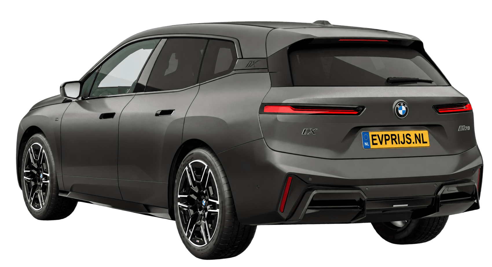 AI-bewerking (Imagegen) van officieel BMW Nederland-configuratorbeeld: iX M70 xDrive achter-/zijaanzicht in BMW Individual Frozen Deep Grey metallic (configuratie BMW iX M70 xDrive BMW M model(len)); velgen en details kunnen per uitvoering afwijken, beeld 2