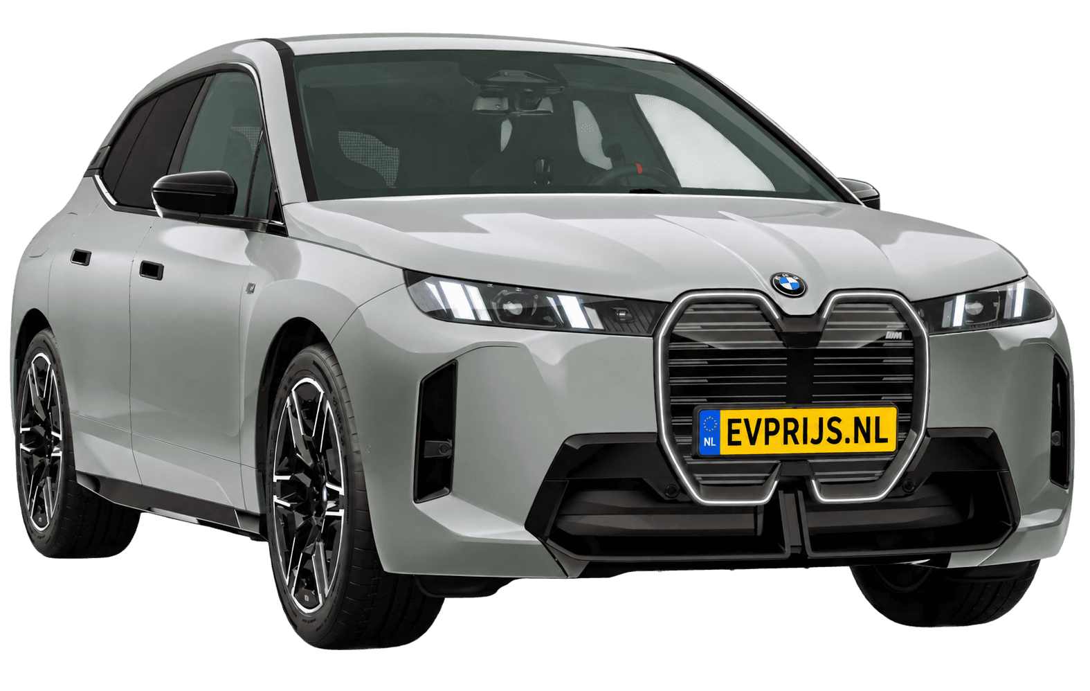 AI-bewerking (Imagegen) van officieel BMW Nederland-configuratorbeeld: iX M70 xDrive voor-/zijaanzicht in Spacesilber metallic (configuratie BMW iX M70 xDrive BMW M model(len)); velgen en details kunnen per uitvoering afwijken, beeld 9