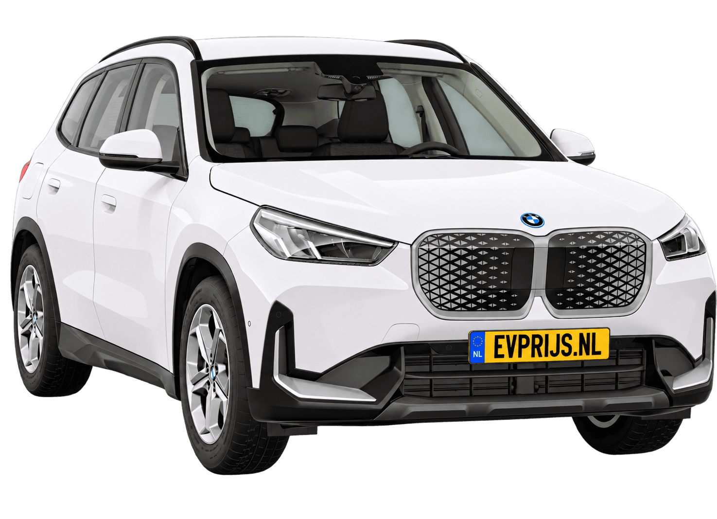 AI-bewerking (Imagegen) van officieel BMW Nederland-configuratorbeeld: iX1 voor-/zijaanzicht in Alpinweiss (configuratie BMW iX1 eDrive20 Standaarduitvoering); velgen en details kunnen per uitvoering afwijken, beeld 3