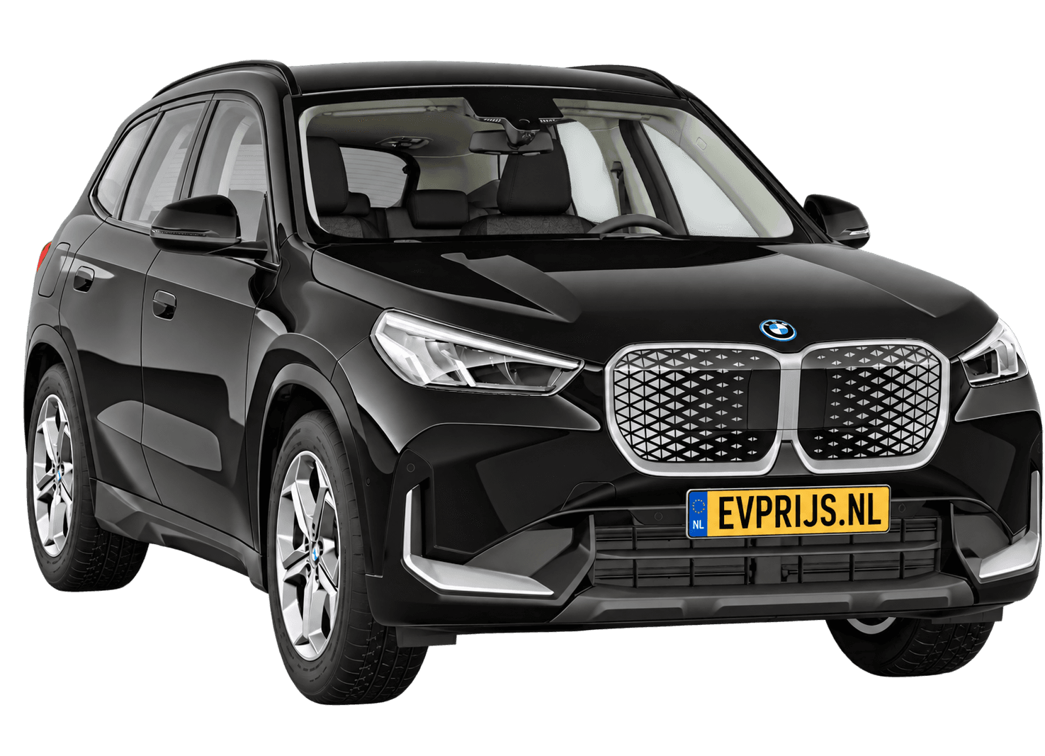 AI-bewerking (Imagegen) van officieel BMW Nederland-configuratorbeeld: iX1 voor-/zijaanzicht in Saphirschwarz metallic (configuratie BMW iX1 eDrive20 Standaarduitvoering); velgen en details kunnen per uitvoering afwijken, beeld 5