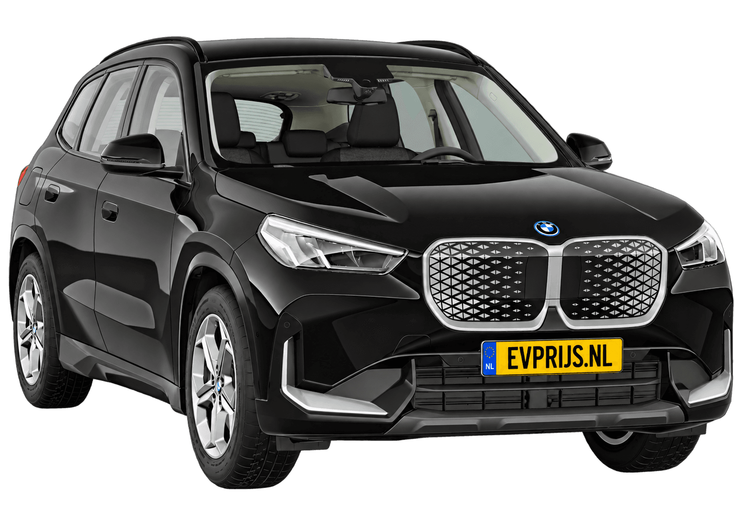 AI-bewerking (Imagegen) van officieel BMW Nederland-configuratorbeeld: iX1 voor-/zijaanzicht in Schwarz uni (configuratie BMW iX1 eDrive20 Standaarduitvoering); uitvoering en velgen kunnen afwijken, beeld 4