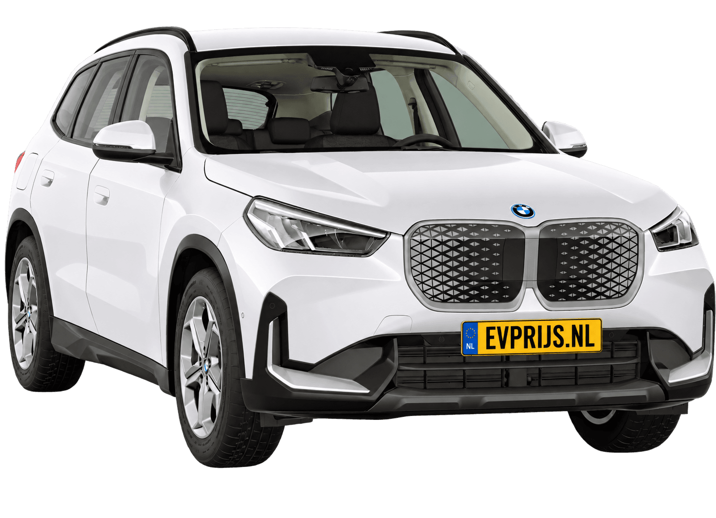 AI-bewerking (Imagegen) van officieel BMW Nederland-configuratorbeeld: iX1 voor-/zijaanzicht in Mineralweiss metallic (configuratie BMW iX1 eDrive20 Standaarduitvoering); uitvoering en velgen kunnen afwijken, beeld 6