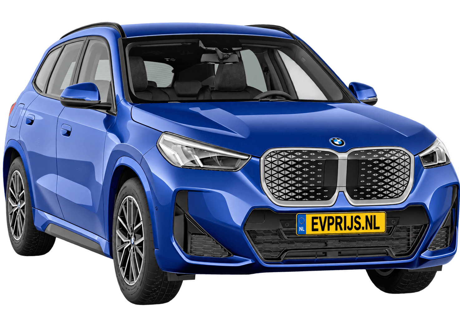 AI-bewerking (Imagegen) van officieel BMW Nederland-configuratorbeeld: iX1 voor-/zijaanzicht in M Portimao Blau (configuratie BMW iX1 eDrive20 Standaarduitvoering, door de configurator aangepast voor deze lak); kleurverzadiging kan afwijken; velgen en details kunnen per uitvoering afwijken, beeld 8