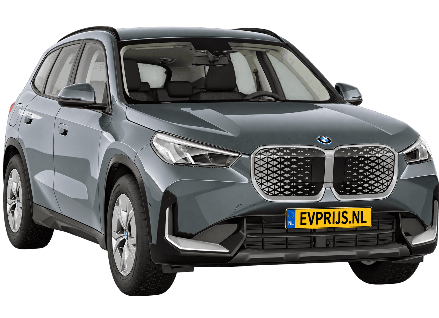 AI-bewerking (Imagegen) van officieel BMW Nederland-configuratorbeeld: iX1 voor-/zijaanzicht in Storm Bay (configuratie BMW iX1 eDrive20 Standaarduitvoering); velgen en details kunnen per uitvoering afwijken, beeld 12