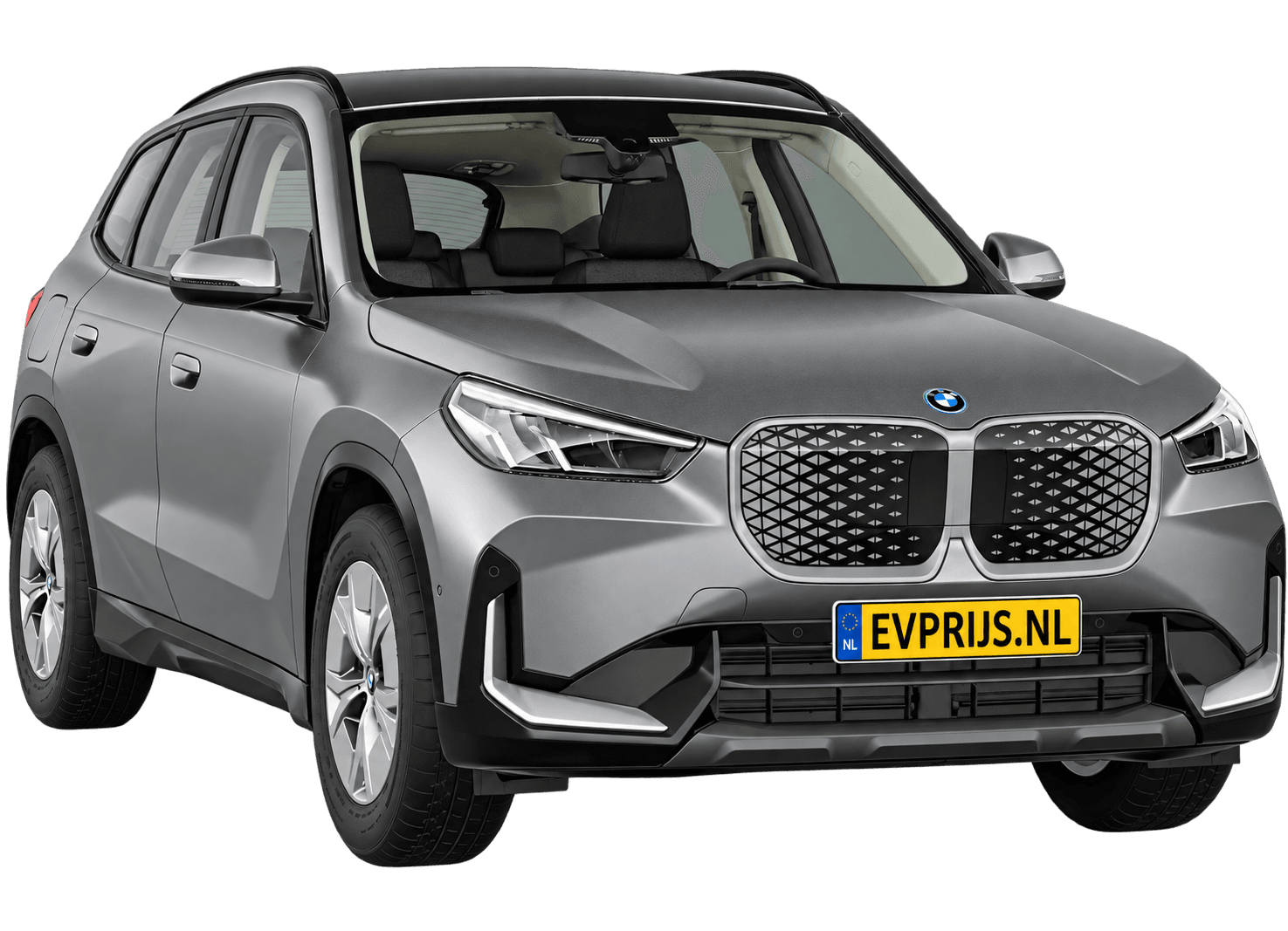 AI-bewerking (Imagegen) van officieel BMW Nederland-configuratorbeeld: iX1 voor-/zijaanzicht in BMW Individual Frozen Pure Grey metallic (configuratie BMW iX1 eDrive20 Standaarduitvoering); velgen en details kunnen per uitvoering afwijken, beeld 13