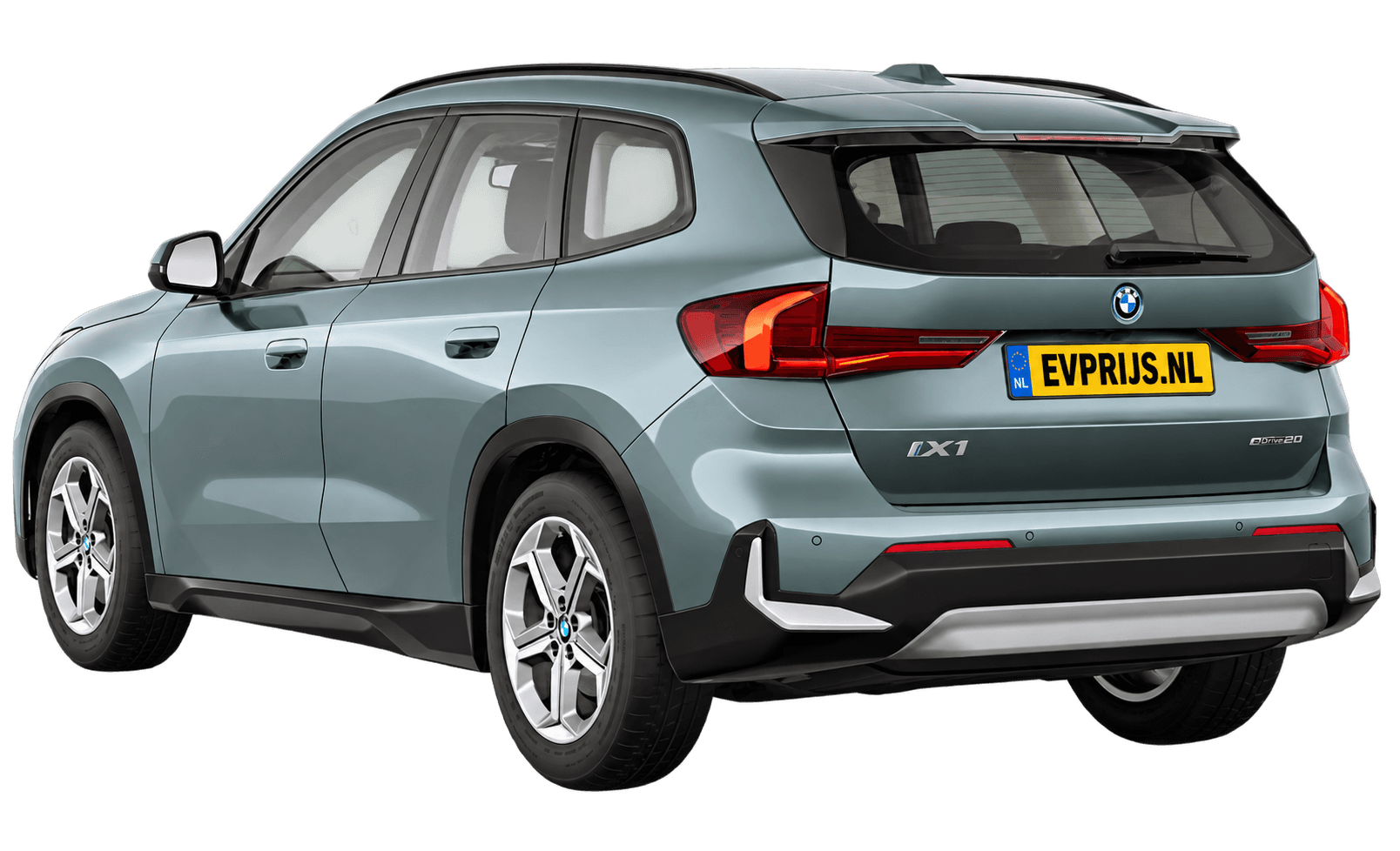 AI-bewerking (Imagegen) van officieel BMW Nederland-configuratorbeeld: iX1 achter-/zijaanzicht in Cape York Green metallic (configuratie BMW iX1 eDrive20 Standaarduitvoering); velgen en details kunnen per uitvoering afwijken, beeld 2