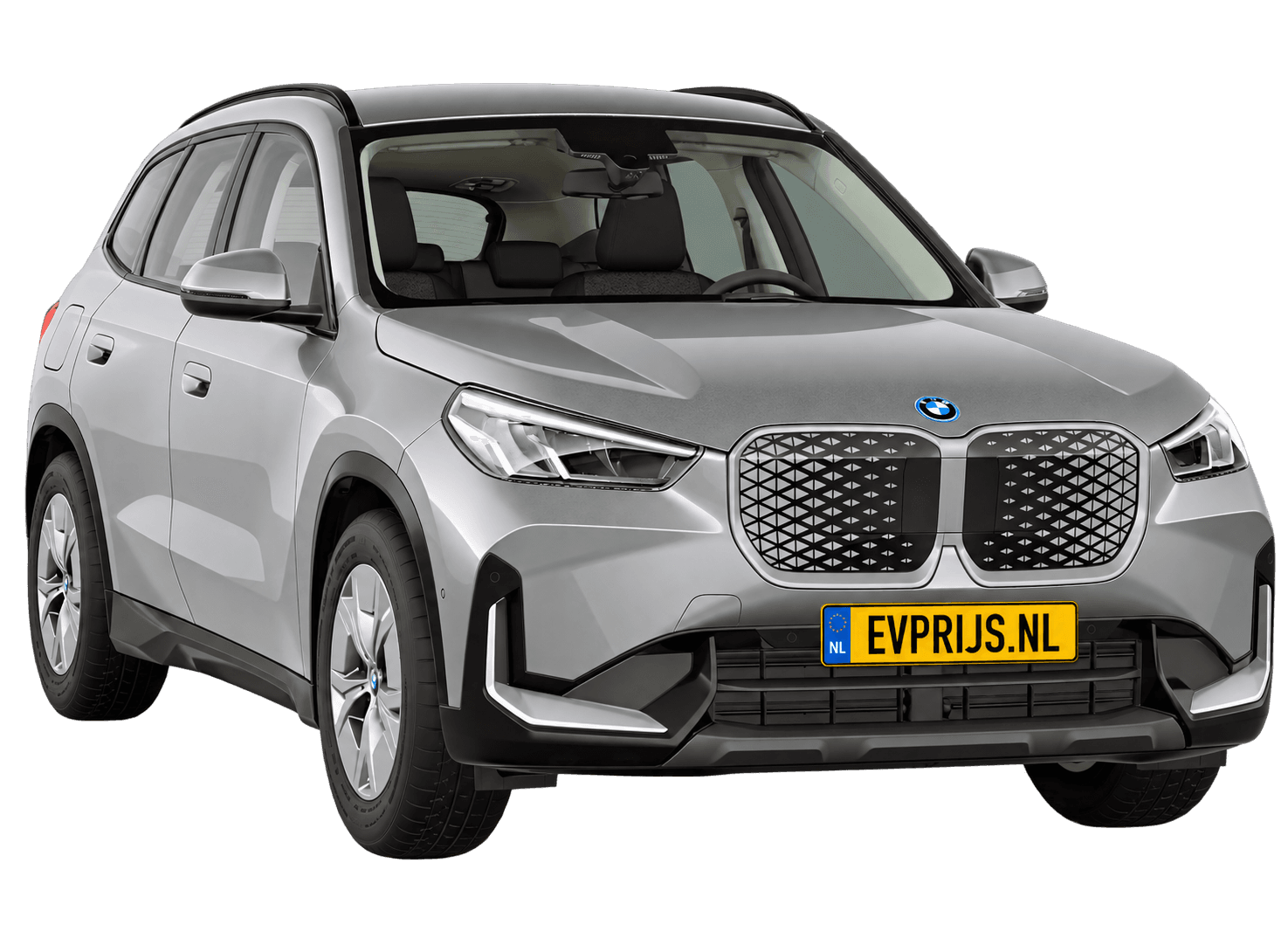 AI-bewerking (Imagegen) van officieel BMW Nederland-configuratorbeeld: iX1 voor-/zijaanzicht in Spacesilber metallic (configuratie BMW iX1 eDrive20 Standaarduitvoering); velgen en details kunnen per uitvoering afwijken, beeld 11
