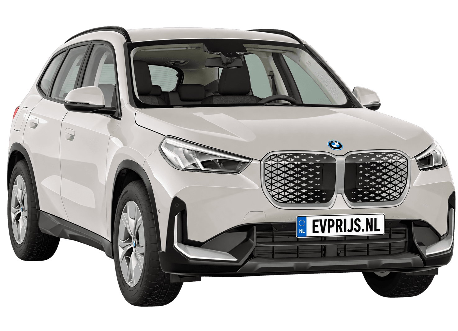 AI-bewerking (Imagegen) van officieel BMW Nederland-configuratorbeeld: iX1 voor-/zijaanzicht in Dune Grey (configuratie BMW iX1 eDrive20 Standaarduitvoering, door de configurator aangepast voor deze lak); uitvoering en velgen kunnen afwijken, beeld 9