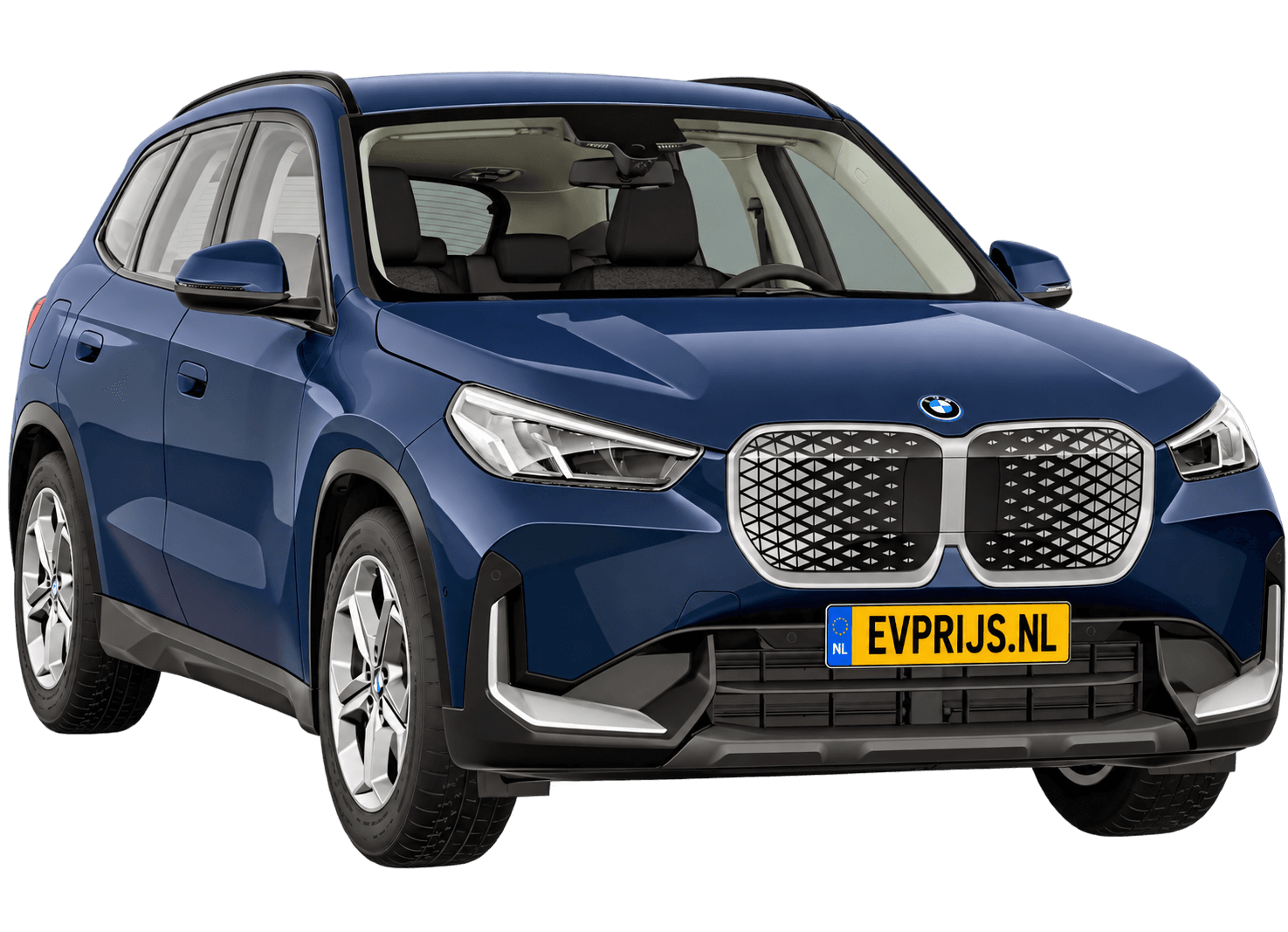 AI-bewerking (Imagegen) van officieel BMW Nederland-configuratorbeeld: iX1 voor-/zijaanzicht in Night Dusk Blue (configuratie BMW iX1 eDrive20 Standaarduitvoering); kleurverzadiging kan afwijken; uitvoering en velgen kunnen afwijken, beeld 7