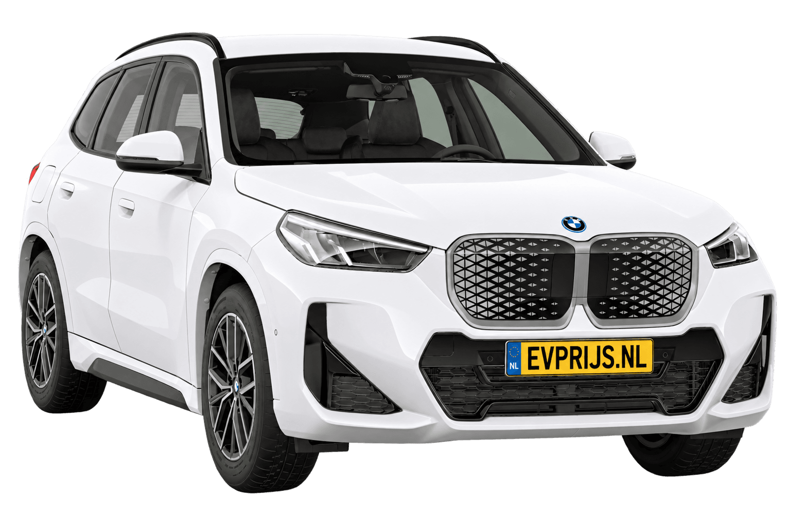 AI-bewerking (Imagegen) van officieel BMW Nederland-configuratorbeeld: iX1 M Sport Edition voor-/zijaanzicht in Alpinweiss (configuratie BMW iX1 eDrive20 M Sport Edition); velgen en details kunnen per uitvoering afwijken, beeld 3
