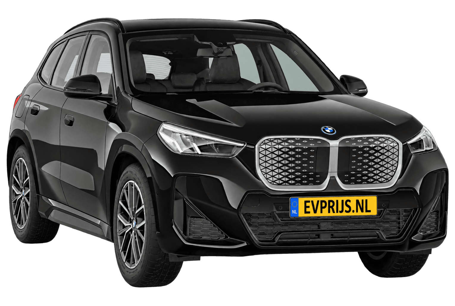 AI-bewerking (Imagegen) van officieel BMW Nederland-configuratorbeeld: iX1 M Sport Edition voor-/zijaanzicht in Saphirschwarz metallic (configuratie BMW iX1 eDrive20 M Sport Edition); velgen en details kunnen per uitvoering afwijken, beeld 4