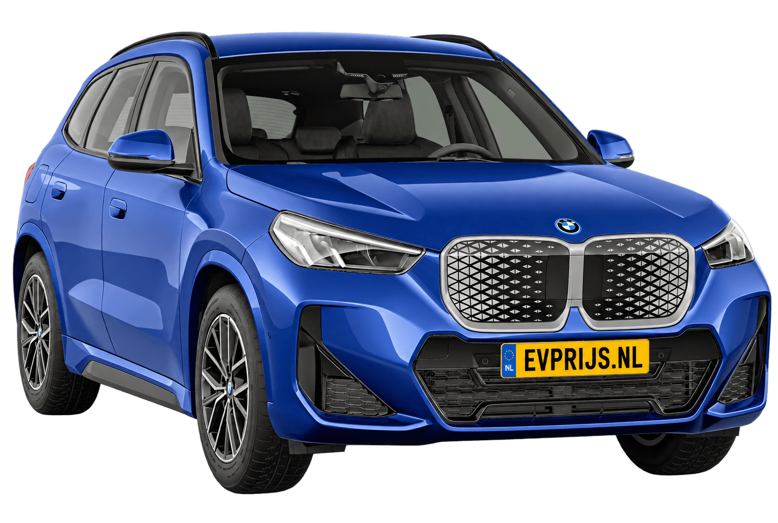 AI-bewerking (Imagegen) van officieel BMW Nederland-configuratorbeeld: iX1 M Sport Edition voor-/zijaanzicht in M Portimao Blau (configuratie BMW iX1 eDrive20 M Sport Edition); kleurverzadiging kan afwijken; velgen en details kunnen per uitvoering afwijken, beeld 5
