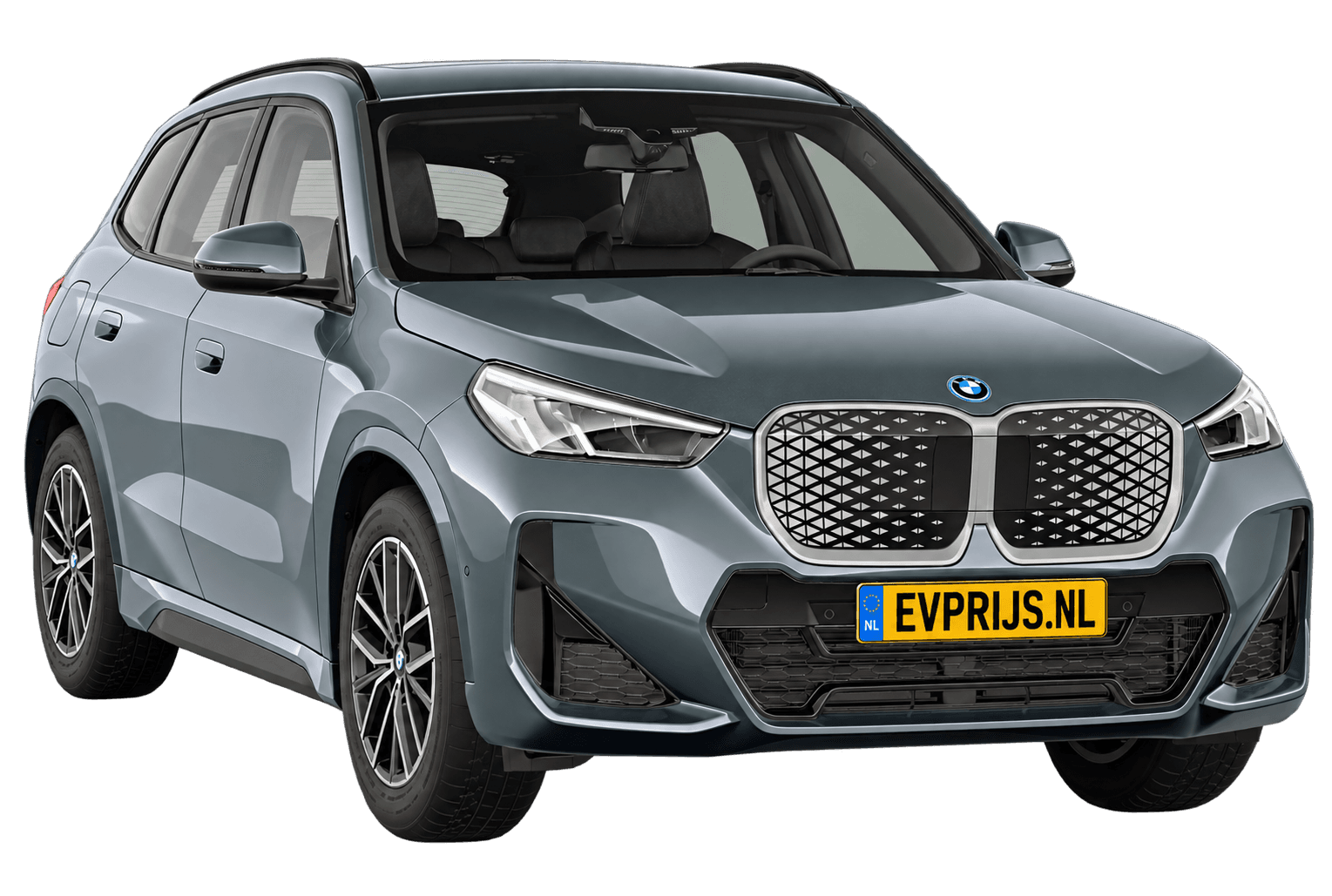 AI-bewerking (Imagegen) van officieel BMW Nederland-configuratorbeeld: iX1 M Sport Edition voor-/zijaanzicht in Storm Bay (configuratie BMW iX1 eDrive20 M Sport Edition); velgen en details kunnen per uitvoering afwijken, beeld 8
