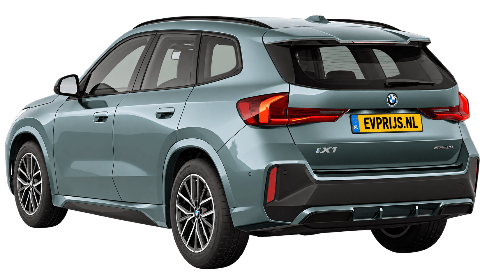AI-bewerking (Imagegen) van officieel BMW Nederland-configuratorbeeld: iX1 M Sport Edition achter-/zijaanzicht in Cape York Green metallic (configuratie BMW iX1 eDrive20 M Sport Edition); velgen en details kunnen per uitvoering afwijken, beeld 2
