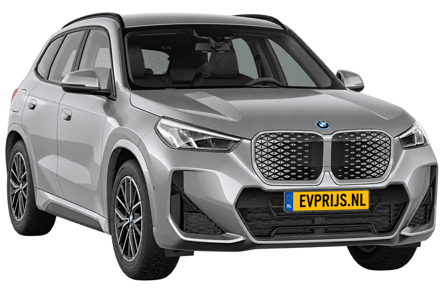 AI-bewerking (Imagegen) van officieel BMW Nederland-configuratorbeeld: iX1 M Sport Edition voor-/zijaanzicht in Spacesilber metallic (configuratie BMW iX1 eDrive20 M Sport Edition); velgen en details kunnen per uitvoering afwijken, beeld 7