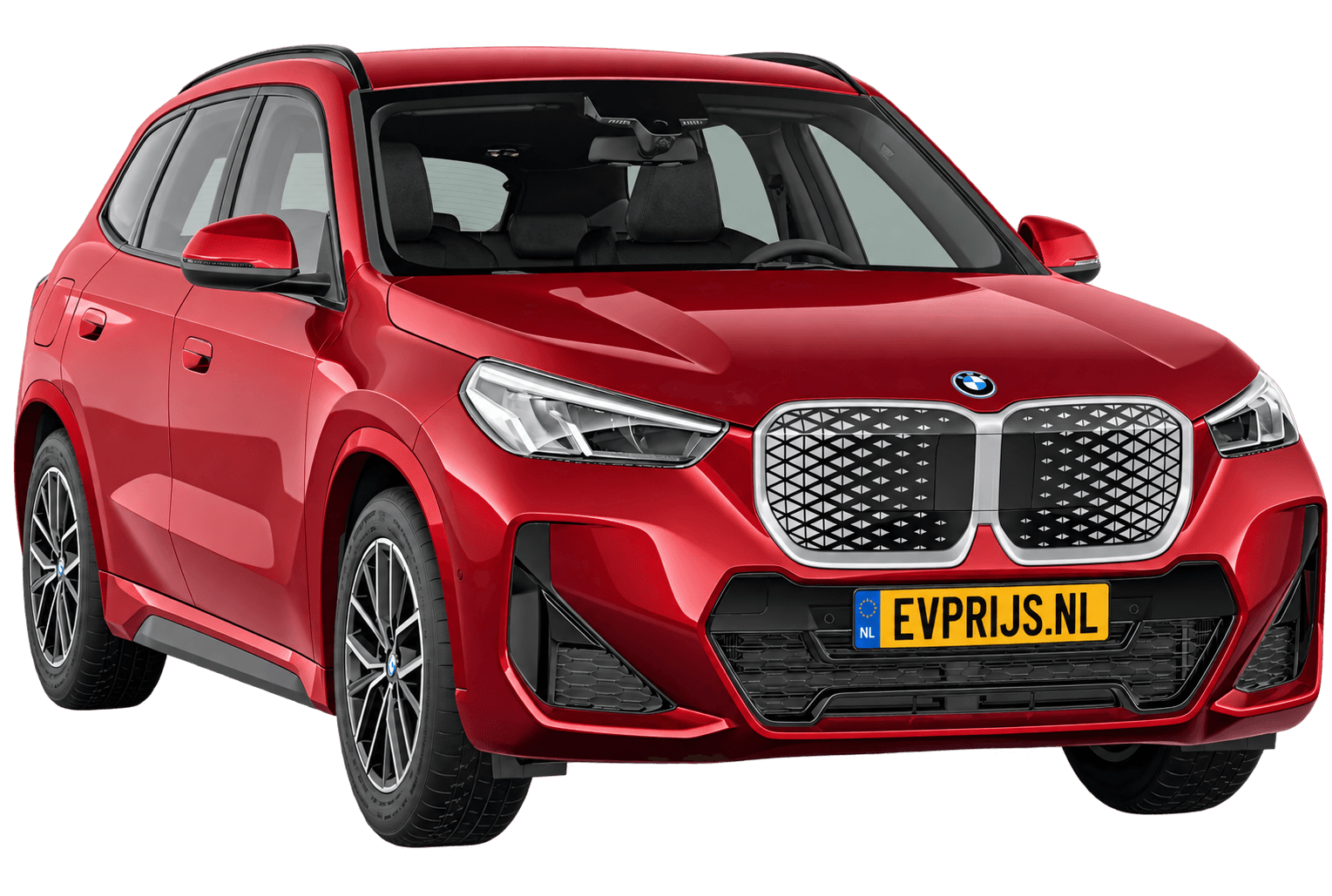 AI-bewerking (Imagegen) van officieel BMW Nederland-configuratorbeeld: iX1 M Sport Edition voor-/zijaanzicht in Fire Rot metallic (configuratie BMW iX1 eDrive20 M Sport Edition); kleurverzadiging kan afwijken; velgen en details kunnen per uitvoering afwijken, beeld 6