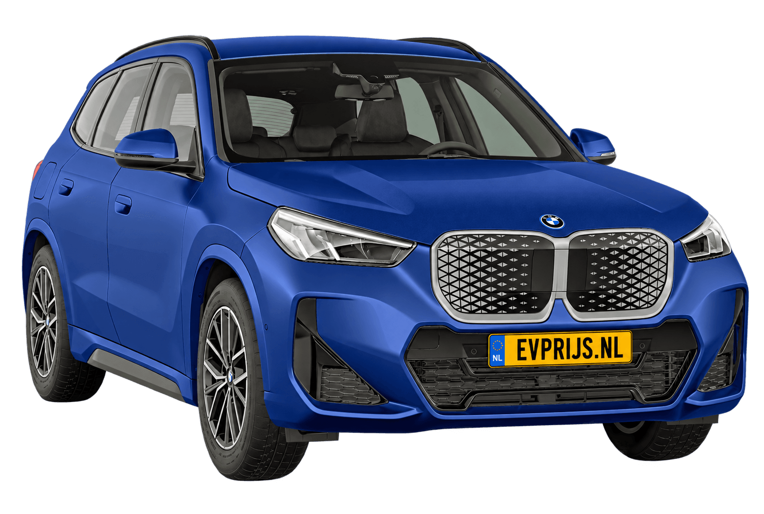 AI-bewerking (Imagegen) van officieel BMW Nederland-configuratorbeeld: iX1 M Sport Edition voor-/zijaanzicht in BMW Individual Frozen Portimao Blau metallic (configuratie BMW iX1 eDrive20 M Sport Edition); kleurverzadiging kan afwijken; velgen en details kunnen per uitvoering afwijken, beeld 10
